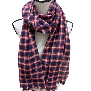 Lucky Brand Red & Navy Blue Plaid Raw Fringed Edge Scarf 29”x72”
